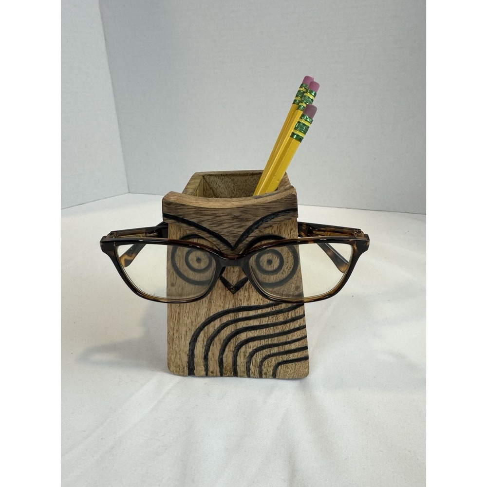 Wooden Owl Pencil Eyeglass Holder‎ Desk Organizer  Wood MCM style World Market